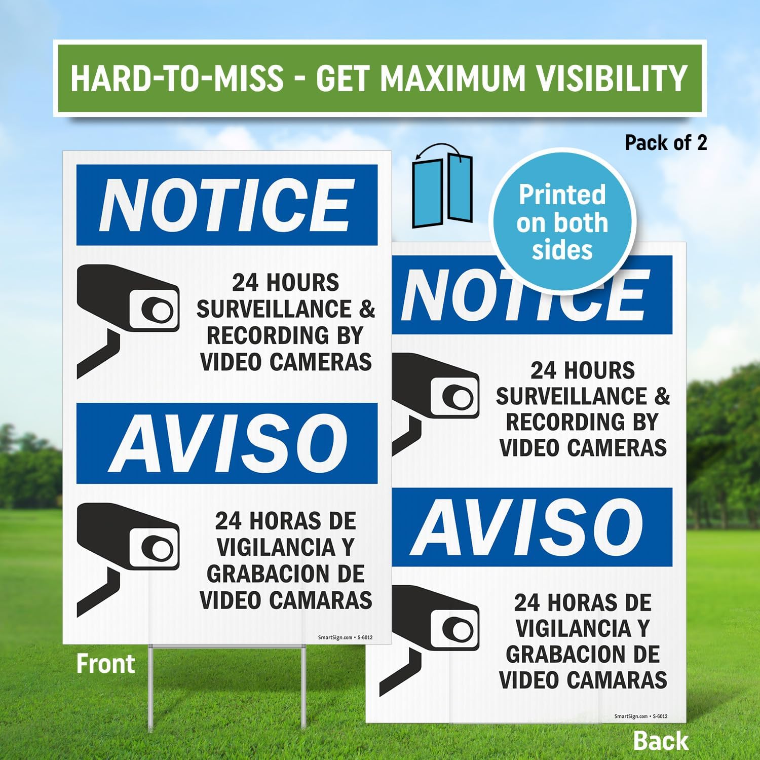 SmartSign 12" x 18" (2-Pack) Bilingual "24 Hours Surveillance" Notice Yard Sign with 15" tall Metal H-Stake, Double-Sided, 160 mil Thick Corrugated Plastic Lawn Signs, Made in USA