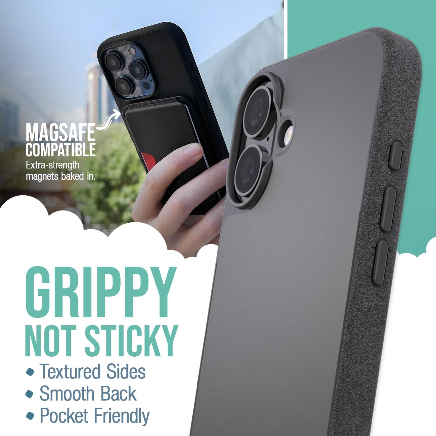 Smartish® iPhone 16 Plus MagSafe Case - Gripmunk Magnetic Slim Case [Lightweight + Protective] Thin Grip Cover with Microfiber Lining for Apple iPhone 16 Plus - Black Tie Affair - Image 2