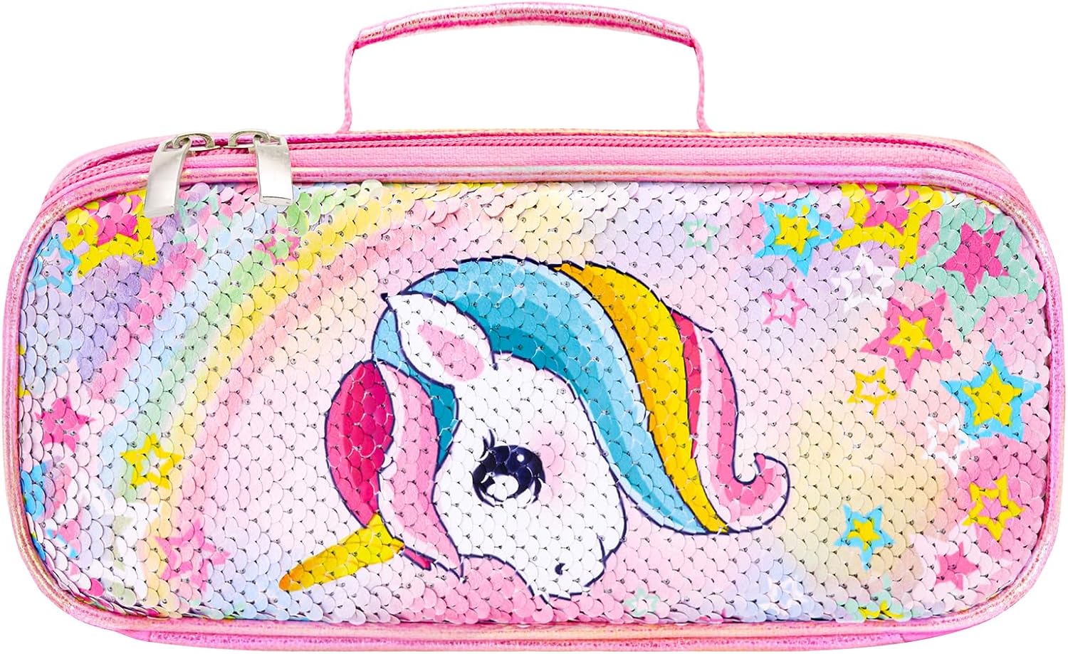 WAWSAM Sparkly Girls Pink Pencil Case - Girls Pencil Box for Kids Sequins Pencil Pouch Elementary Preschool School Supplies Portable Reversible Glitter Pen Case