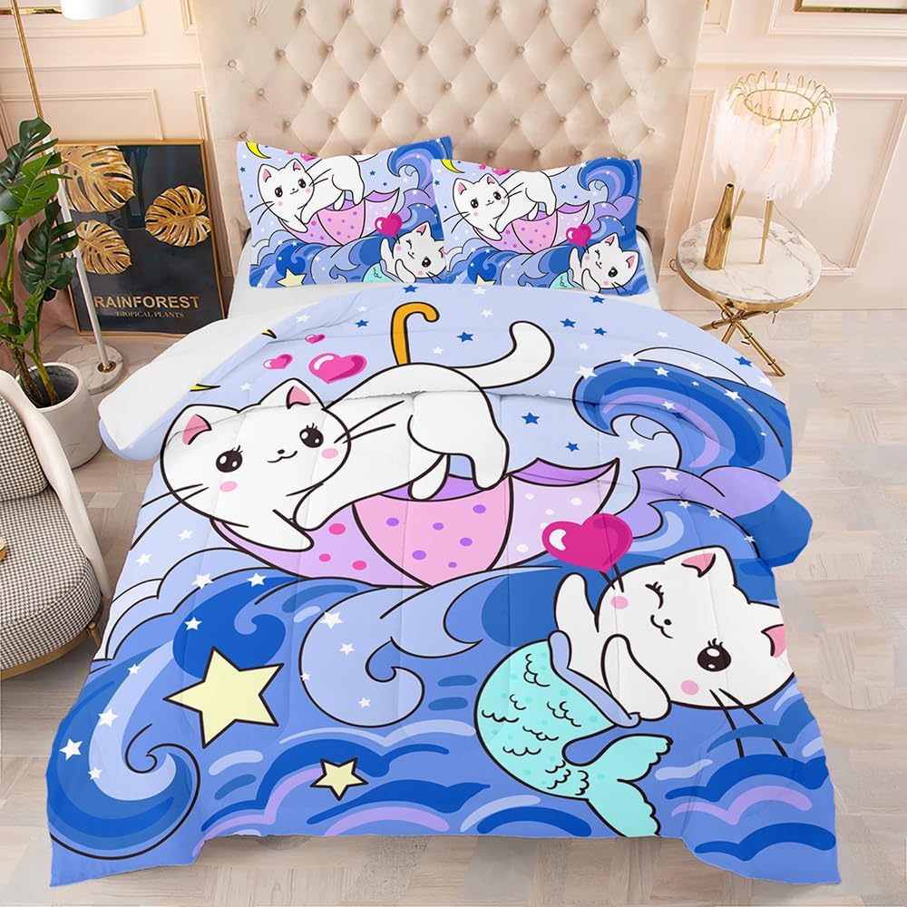 Suncloris Cute Cat Comforter Set, Black Gold Marble Cat Bedding Bedspread for Kids and Adults, Kitty Lover's Animal Themed Quilt Bedroom Decor with 2 Pillow Cases (MarbleCat, Twin)