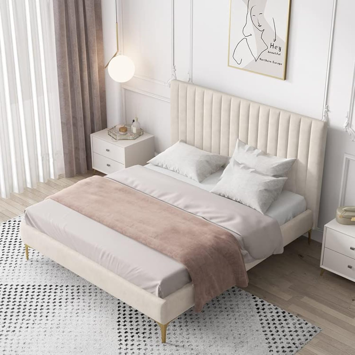 MAPLE HOME DECORATION Bed Frame Upholstered Velvet King Queen Size Floating Wood Bed Base Bedroom Furniture (Super King 208 * 210cm Bed Frame)