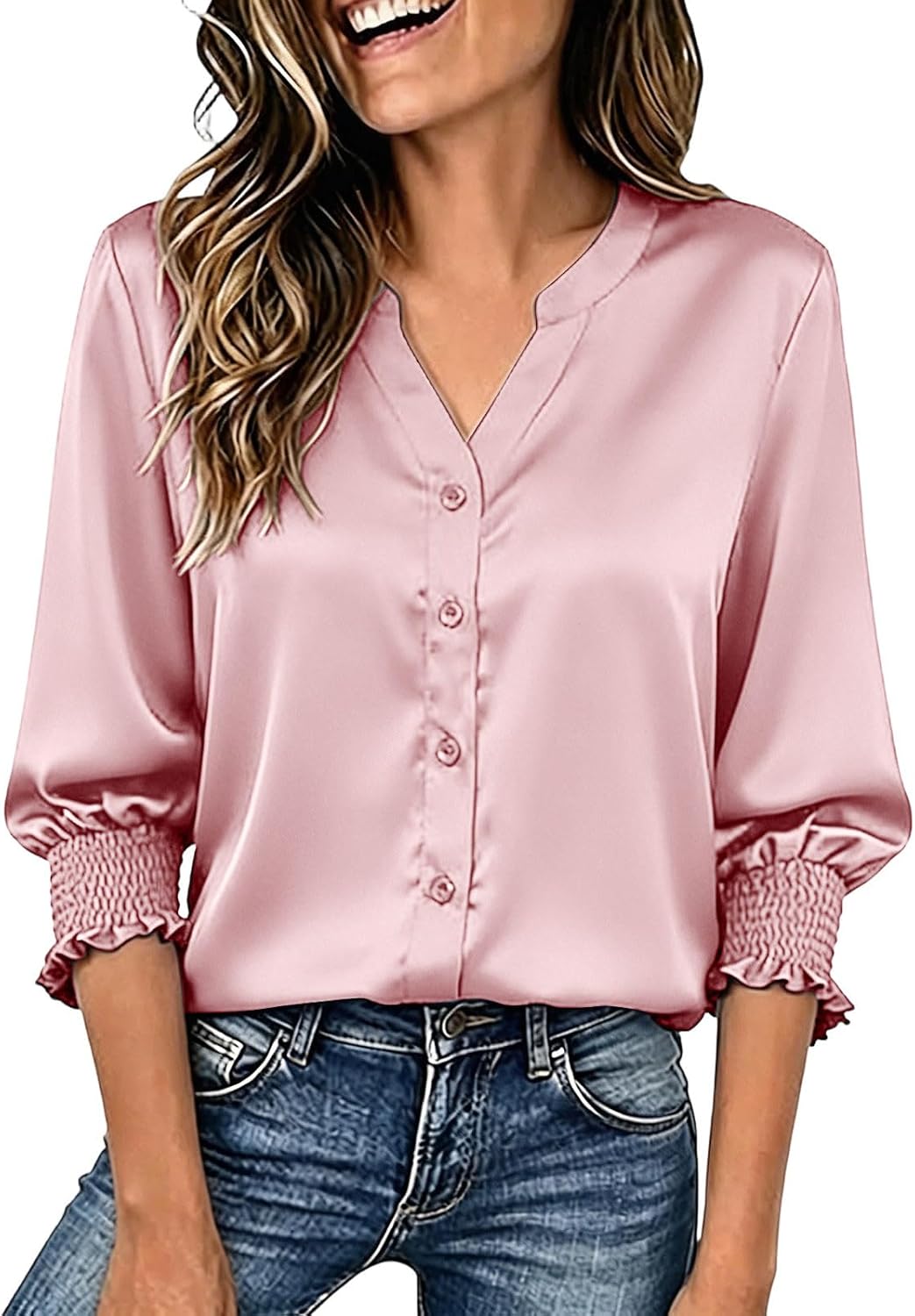 Women's Button Down Shirt Casual V Neck 3/4 Length Sleeve Blouses | Satin Loose Fit Tunic Business Work Tops Elegant Solid Color Lightweight Plus Size Going Out Outfits