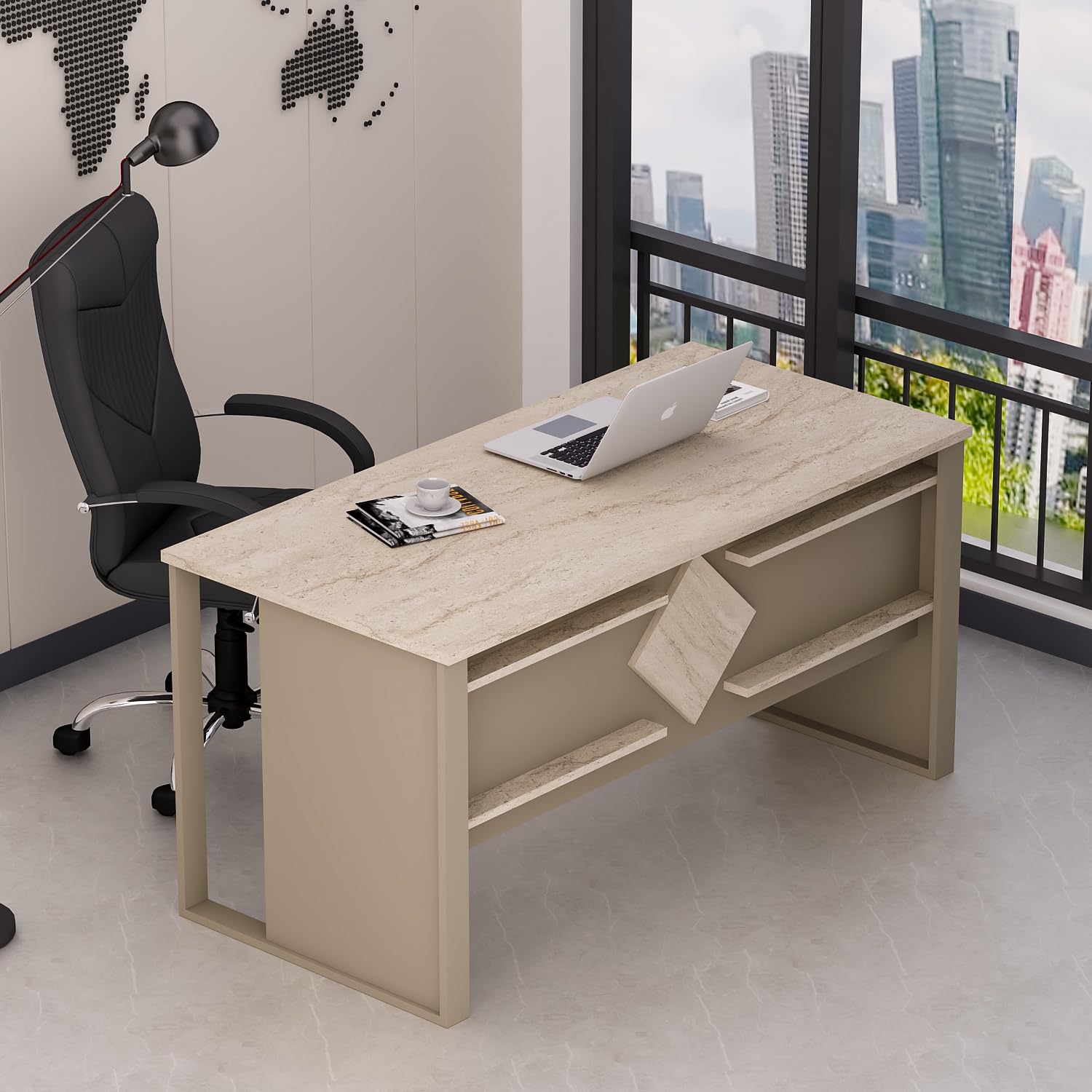 Homidea BOSS Escritorio 150 x 72 x 75,6 cm – Mesa de oficina moderna para oficina en casa o estudio (beige travertino)