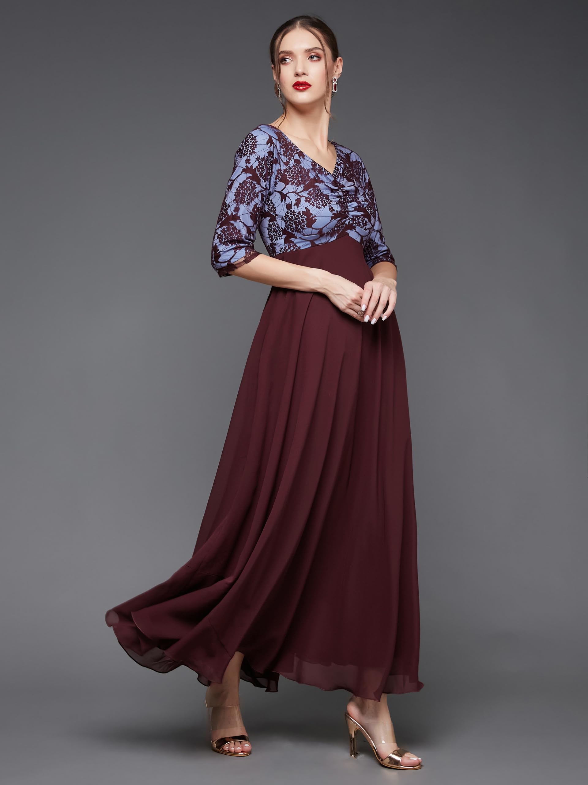 Miss Chase Women's Sweet Heart Neck 3/4 Sleeve Self Design Fit & Flare Maxi Dress With Pockets (Mcss23D79-06-184-06, Wine, Xl)