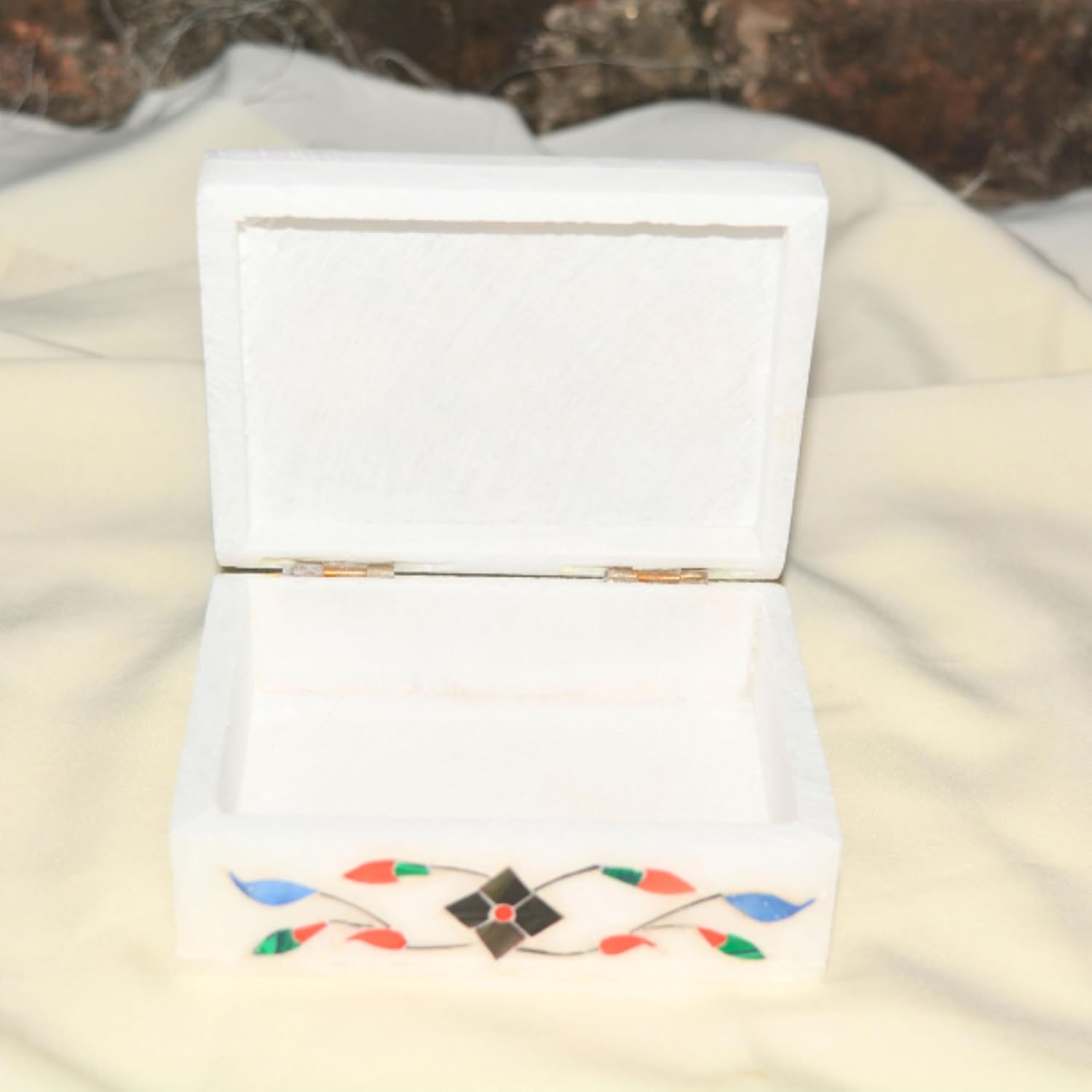 Marble Inlay Jewelry Box 4x3 – Handmade Floral Trinket & Ring Organizer, Shiny Decorative Marble Box, Unique Inlay Art, Perfect Birthday Gifts & Elegant Home Decor for Women