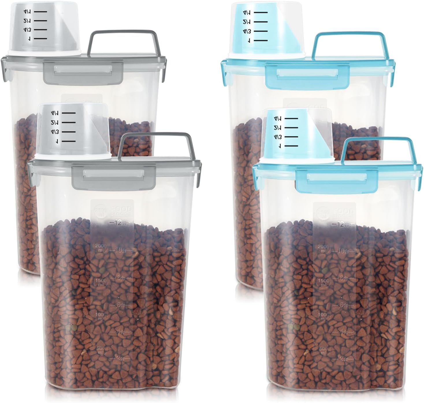 LEAWALK 3-5Lbs Airtight Small Cat Dog Pet Food Storage Containers BPA Free, with Large Pour Spout/1 Measuring Cup/ 4 Safety Locks and Double-layer Silicone Strip (Clear Grey &Clear Blue 4Pack)