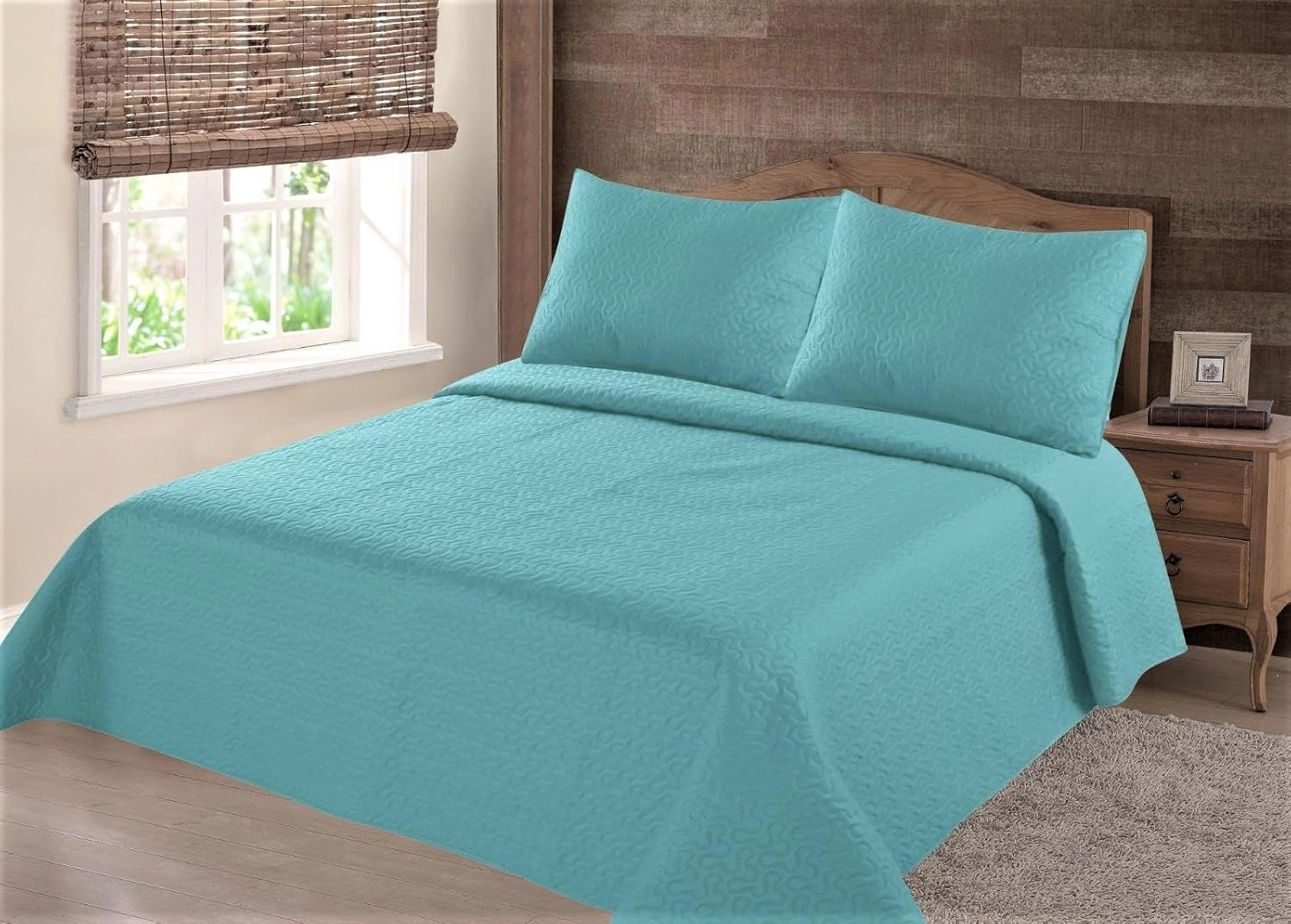 Gorgeous Home Linen (Nena) 2/3-Piece Quilt Stippling Stitches Pattern Hypoallergenic Bedspread Bed Bedding Coverlets Cover Set with Pillow Cases (Turquoise, King (U.S. Standard))
