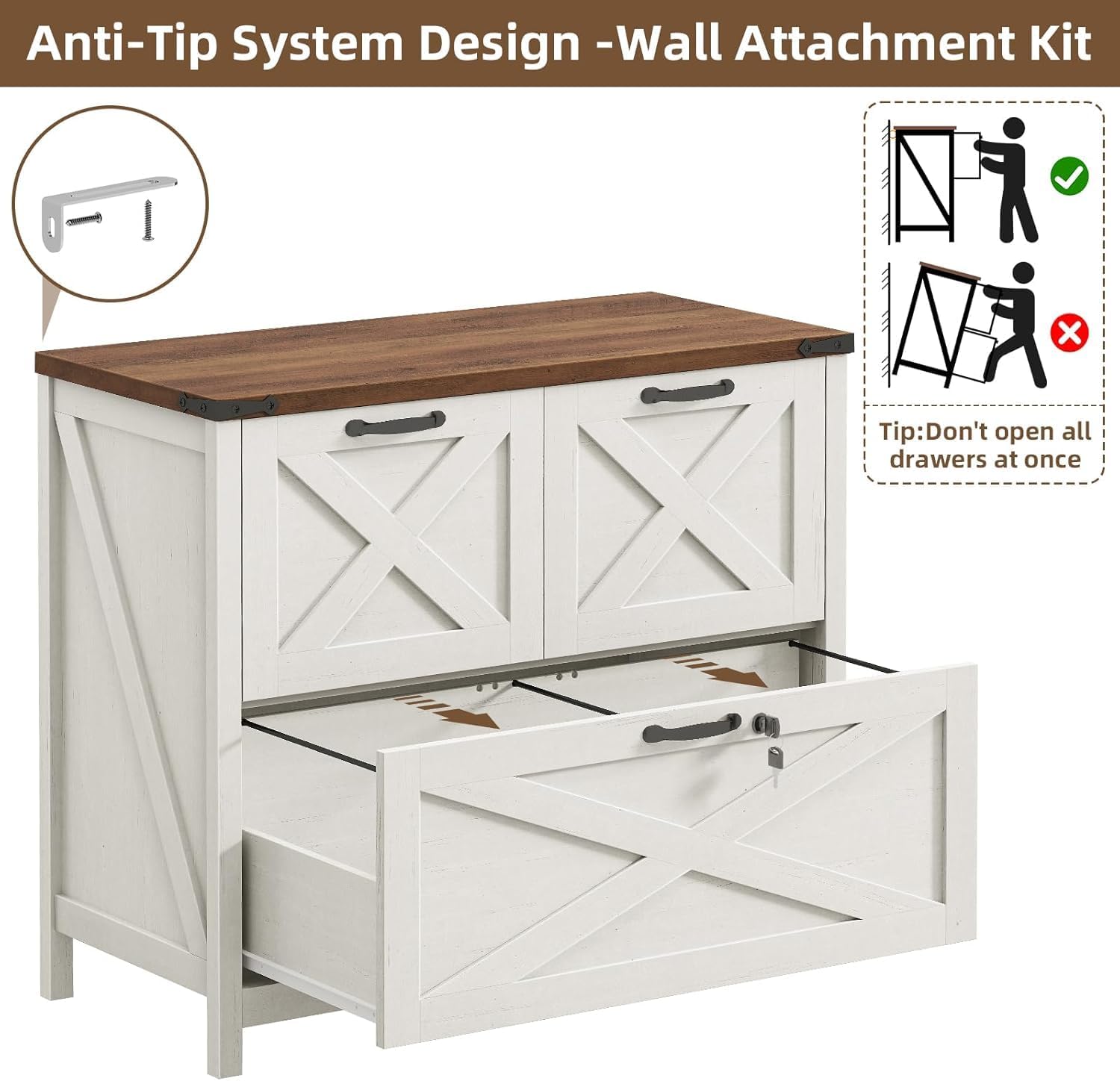 Vabches Lateral File Cabinet with 3 Drawers, Farmhouse File Cabinet with Lock for Letter/A4/Legal Size Hanging Files, Wood File Storage Cabinets Printer Stand for Home Office Cabinets, Rustic White