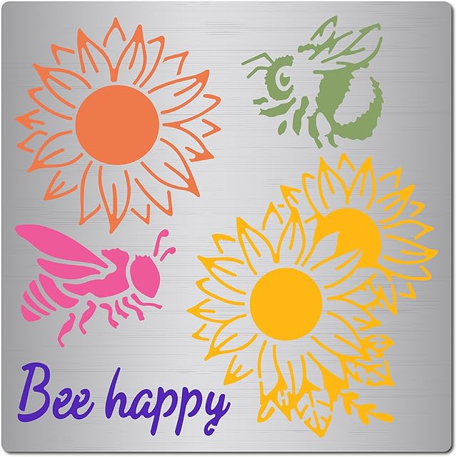 GORGECRAFT 6.3" x 6.3" Bee Sunflower Metal Stencils Floral Bee Happy Stainless Steel Templates Reusable Decoration Ornament for Engraving Scrapbooking Wood Burning Painting DIY Projects