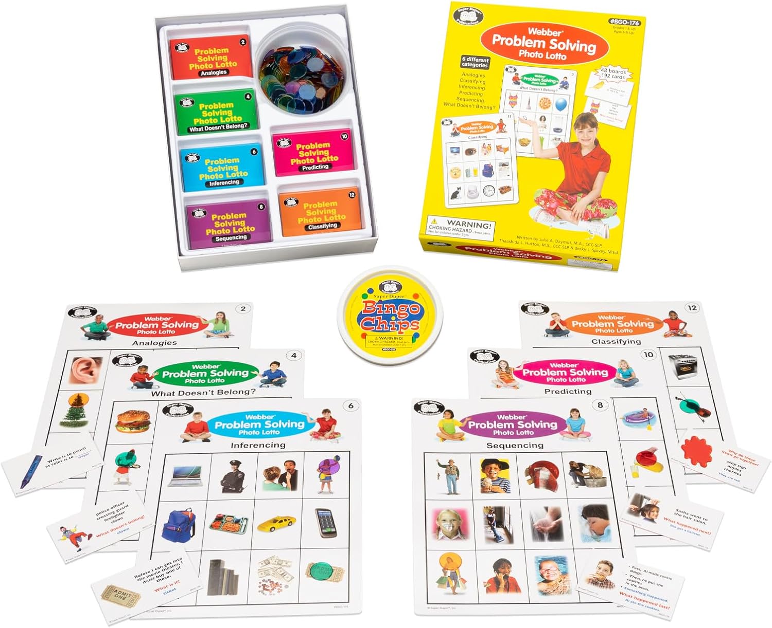 Super Duper Publications | Webber® Problem Solving Bingo, Inferencing, Sequencing, Analogies, Classifying, Predicting, and What Doesn't Belong Cards | Educational Resource for Children