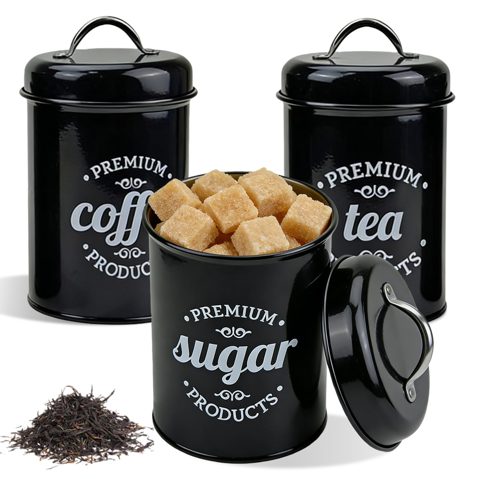 PRITOK Kitchen Canister: 3 Pieces Galvanized Iron Tea Coffee Sugar Canister, Airtight Lid Biscuit Canister for Home Storage Organization Set (Black, 10.1cmร18cm)