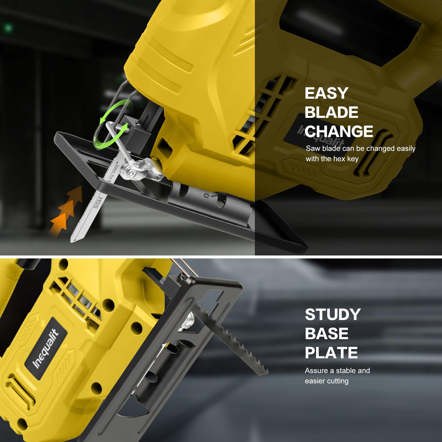 Scie Sauteuse 400W Avec Variateur De Vitesse (0-3000 CPM) + Angle De Coupe Réglable (±45°) + Fonction Verrouillage + 3 Lames Incluses (Bois/Métal/Pvc)​,Jaune