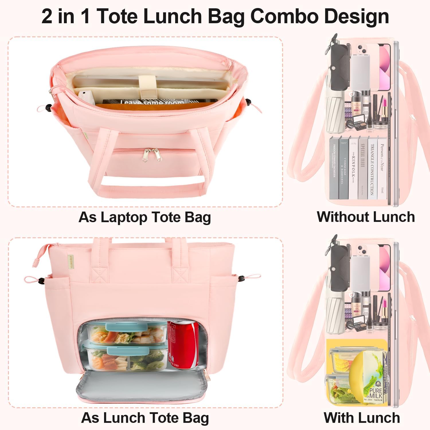 Work Laptop Tote Bag for Women with Insulated Lunch Compartment, Lightweight Puffy Lunch Tote Bag with 15.6 Inch Laptop Compartment, Quilted Laptop Bags for Office Commuter Teacher Nurse Pink - Image 6