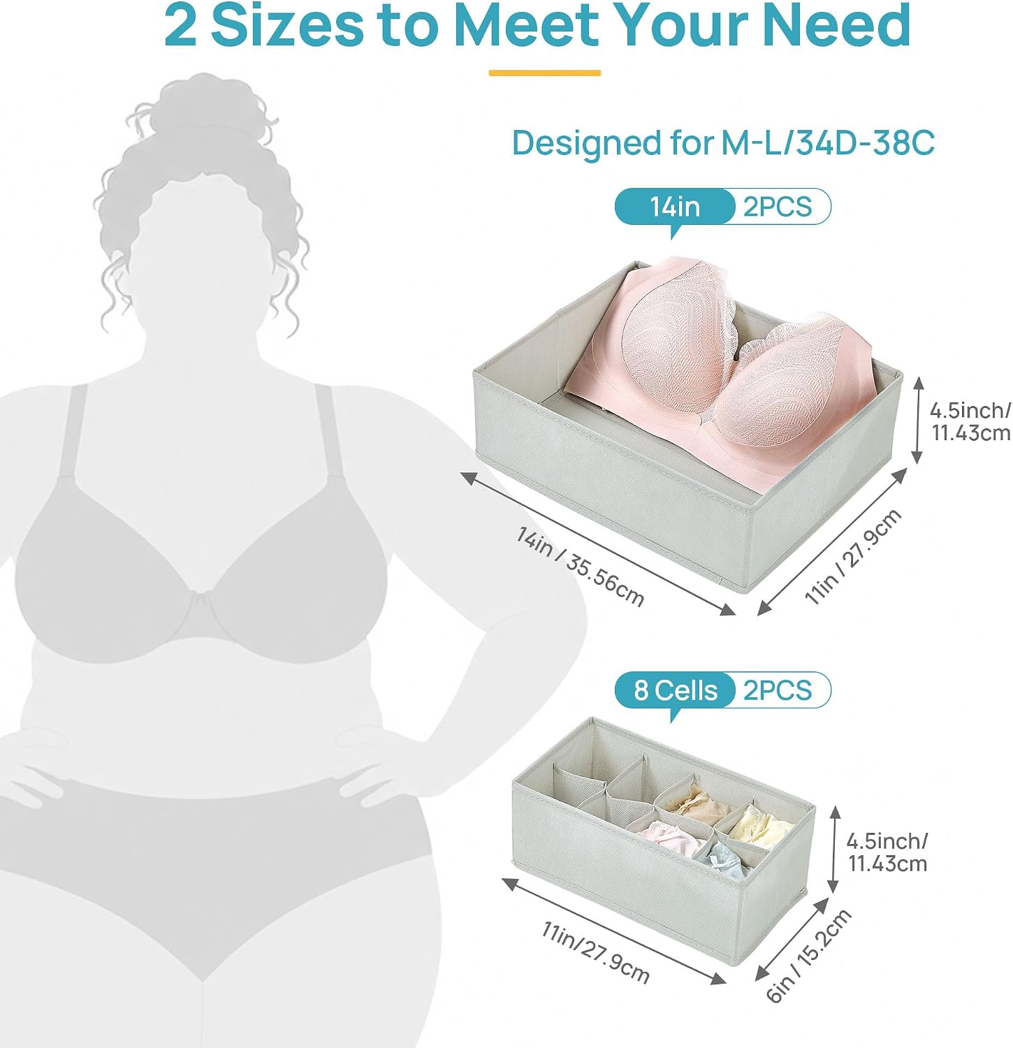 Vtopmart 4 Pack Large Bra Drawer Organizer, 14 Inch Foldable Fabric Underwear Storage Tray for Dresser Drawers, Keeps Shape for M-L/34D-38C Bras, Closet Organizer