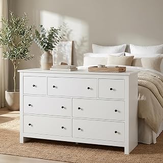 Sideboard with 7 drawers, chest of drawers with adjustable midfoot, large storage space, wooden sideboard, dresser cabinet, furniture living room, 152 × 40 × 89 cm (white)