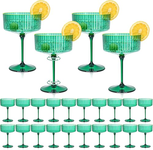24 vasos de plástico Champagne Coupé de 10 onzas desmontables con borde dorado Martini, copas de cupé acanaladas verdes, vasos vintage de Margarita,