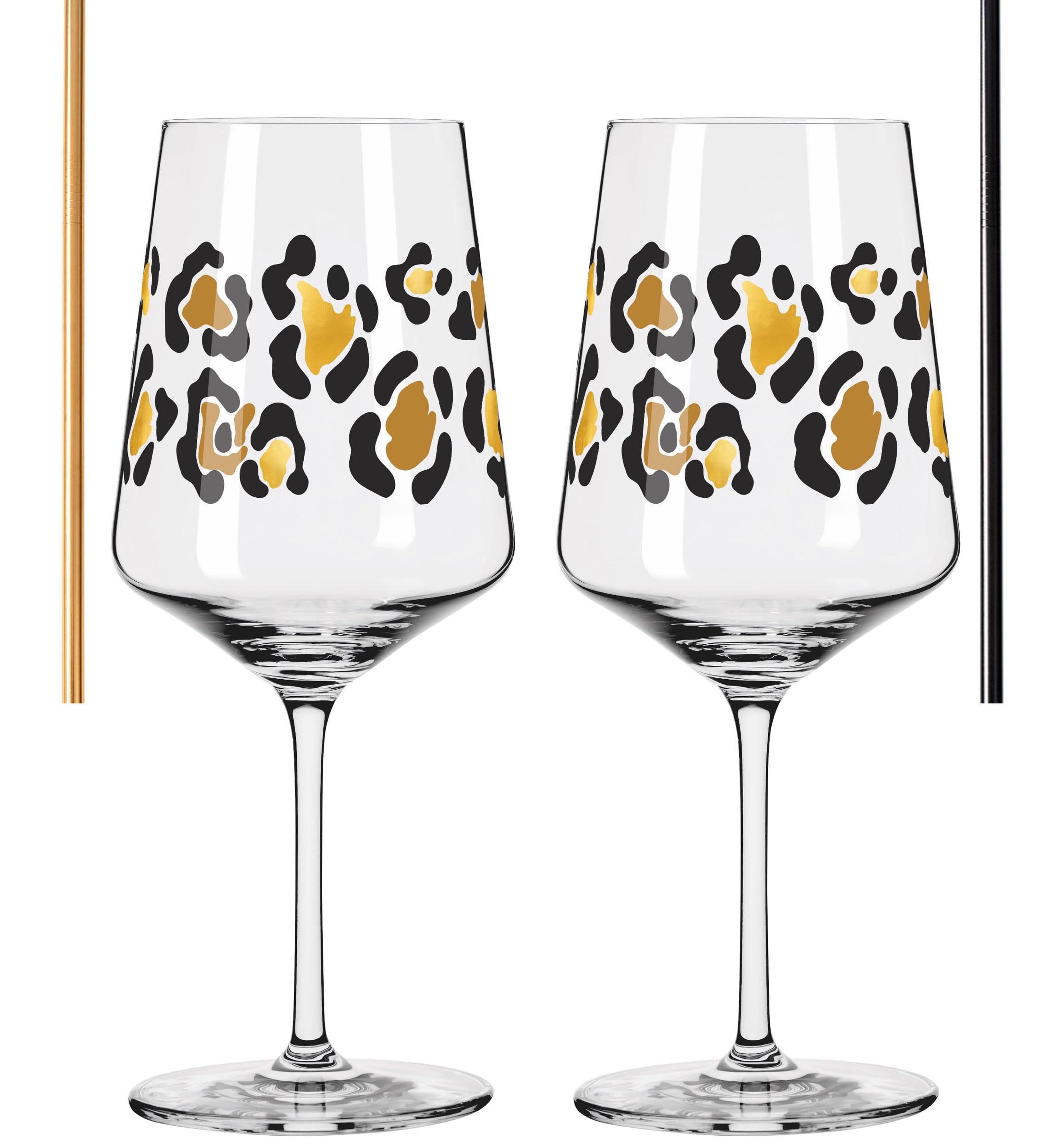 Dekomiro Set 4er Set 2 Cocktailgläser RITZENHOFF Leopardenmuster schwarz gold mit 2 Passenden Glastrinkhalmen