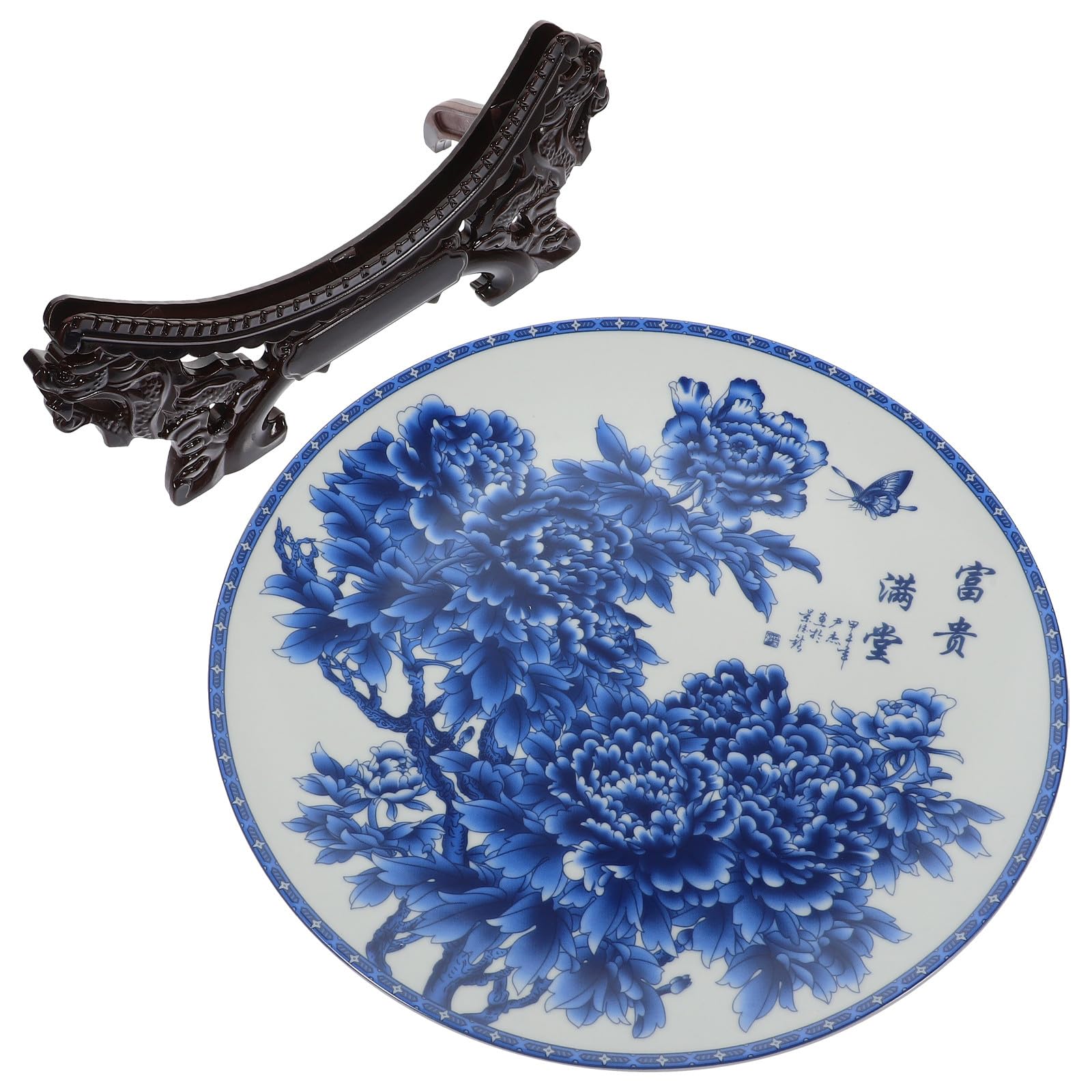 Operitacx Plato Decorativo de Cerámica Azul y Blanco con Soporte de Madera, Juego de 1 Set para Decoración y Obsequio, Fácil de Limpiar y Diseño Creativo