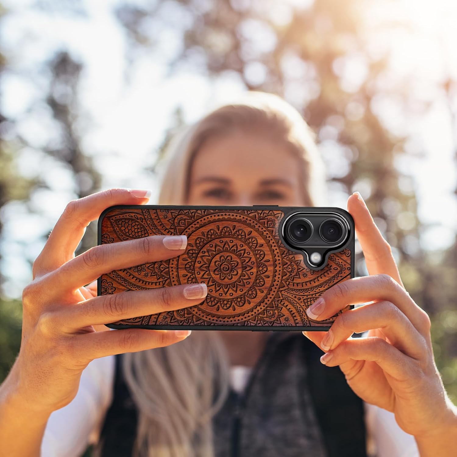 Carveit Magnetic Wooden Case for iPhone 16 Case, Wood Artisan Engraved & Black Soft TPU Shockproof Cover, Compatible with MagSafe Wireless Chargers (Indian Floral Mandala) Rosy