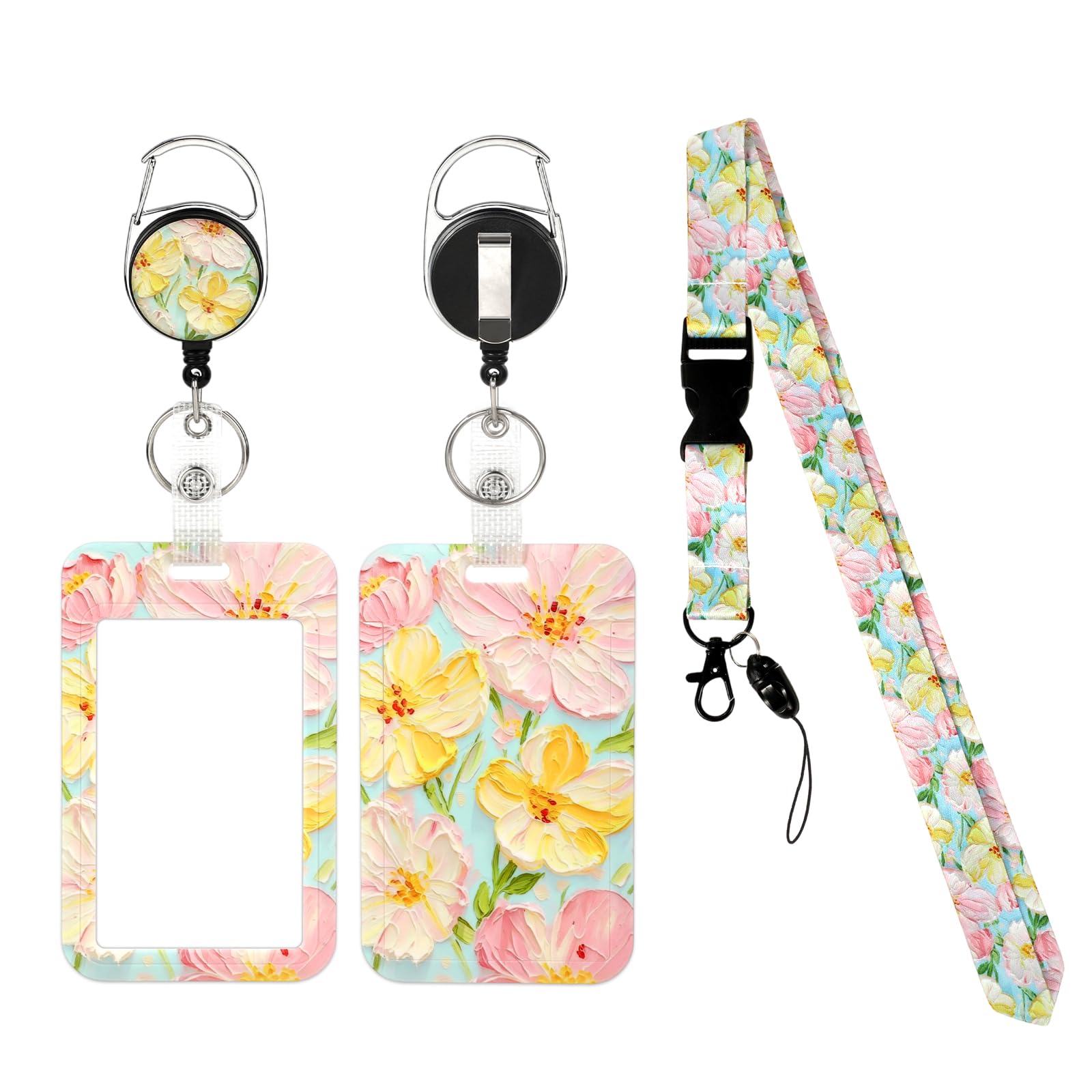 Lanyard with Card Holder, Flower ID Badge Holder Retractable Badge Reel Carabiner Clip, ID Card Protector Cute Breakaway Lanyard for Women Office Teacher Nurse Student
