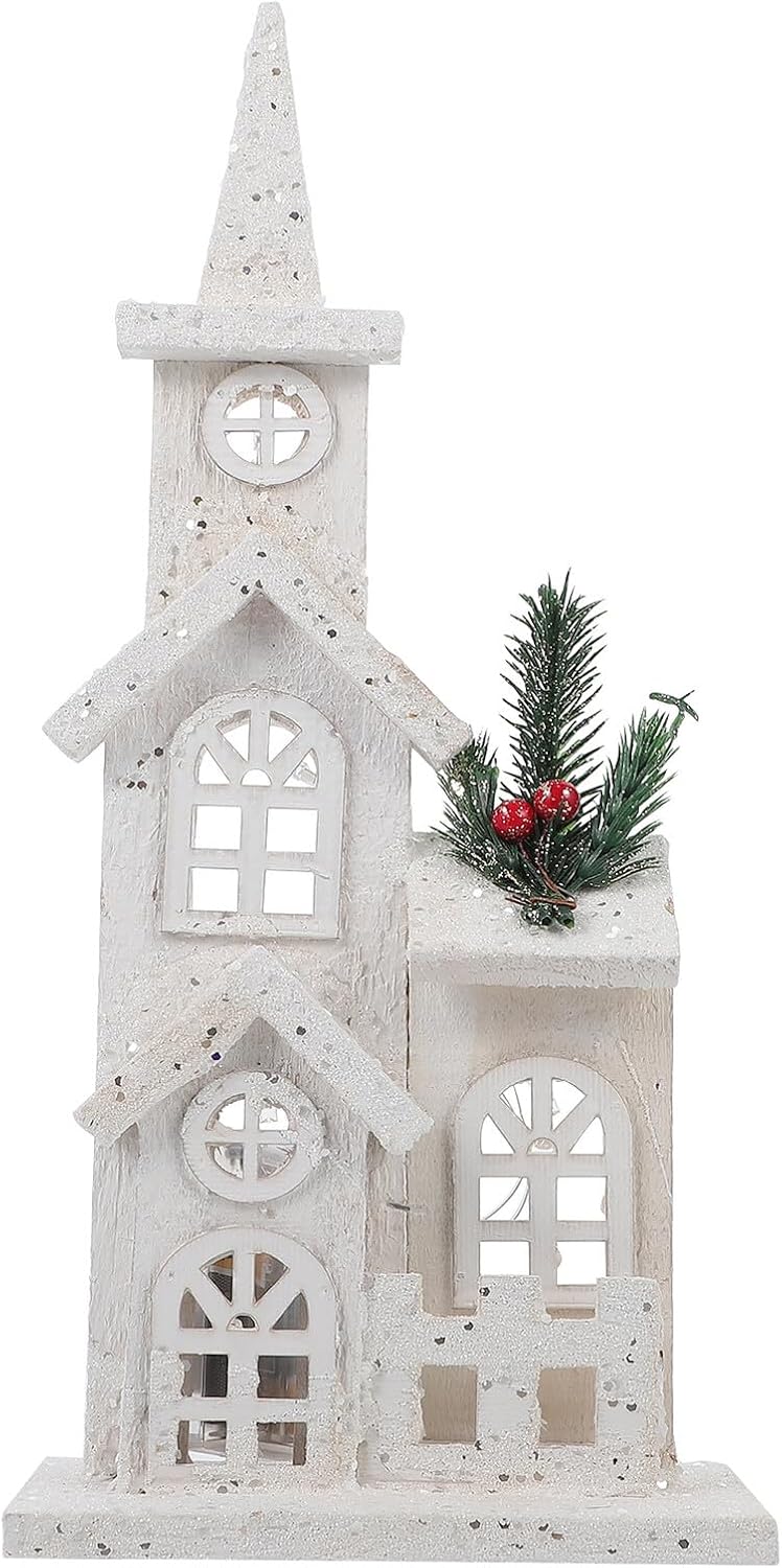 Luminous Christmas Castle Decoration Wooden Mini House Craft White LED Light up Xmas Home Desktop Adornment for Holiday Window Display