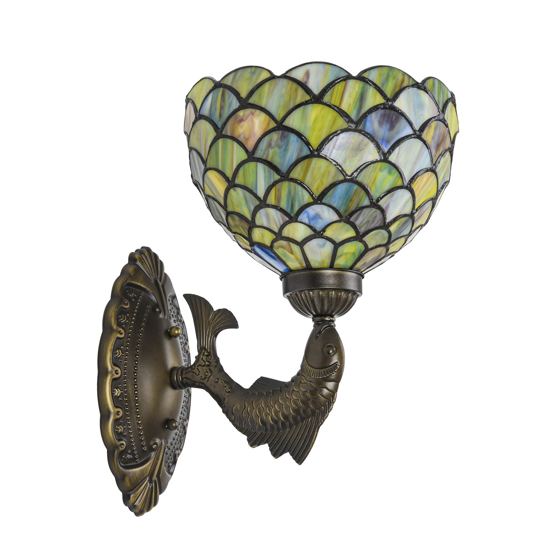 Photo 1 of GILGGAK Green Fish Scales Tiffany Wall Sconce 8" Stained Glass Wall Light with E26 Base Vintage Art Deco Wall Lamp for Bedroom Hallway Living Room Home Office