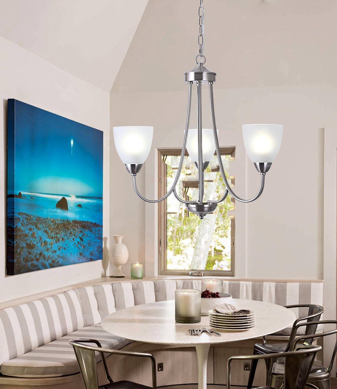 BOZO Brushed Nickel Chandeliers Modern Ceiling Hanging Lighting Fixtures 3 Light Pendant for Dining Room Foyer Bedroom