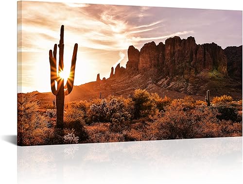 Derkymo Lienzo enmarcado con paisaje de atardecer del desierto, 20 x 36 pulgadas