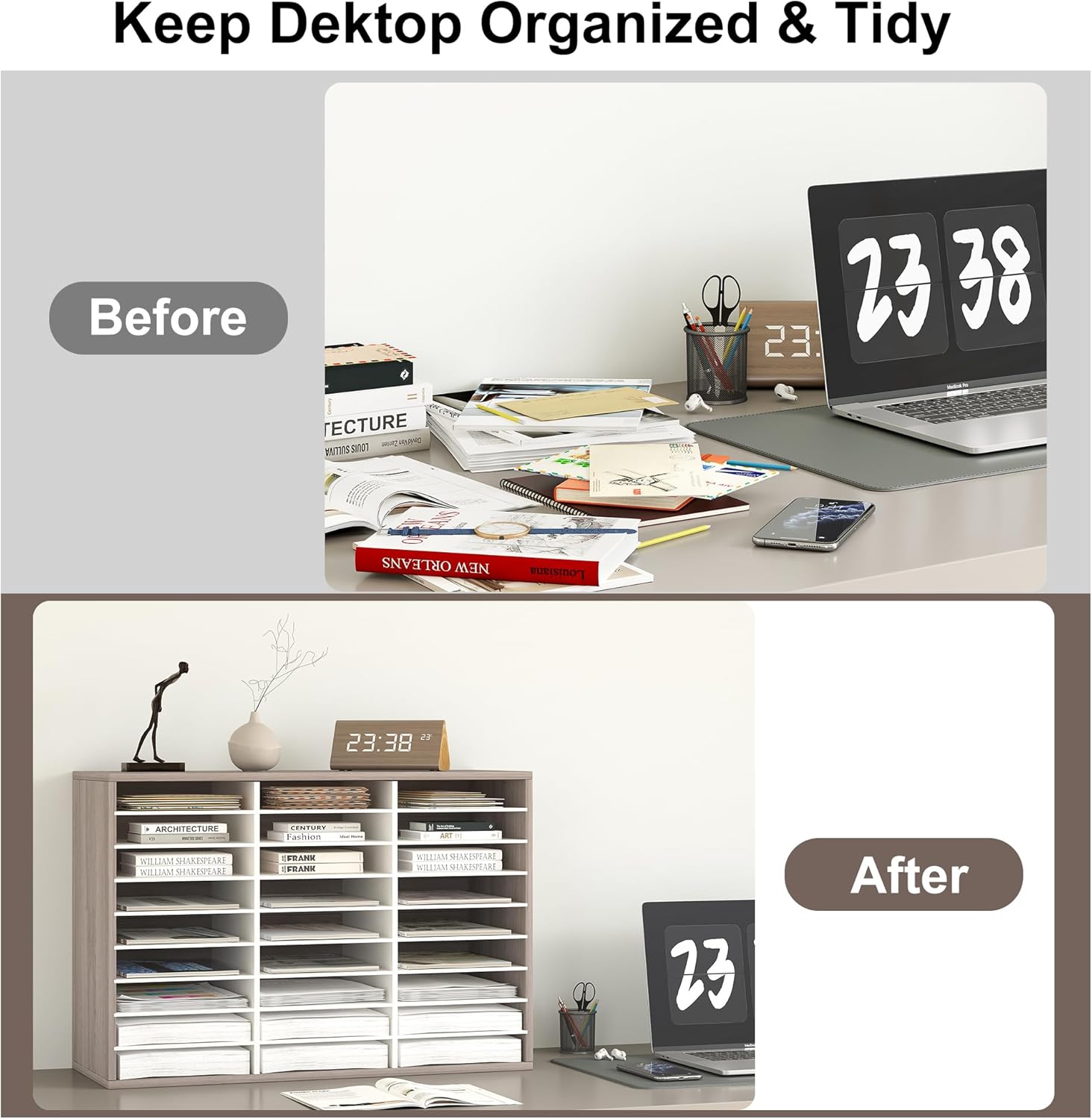 Alpeir Wood Desk Paper Organizer, Hold 13500 Sheets A4 Papers, 27 Slots Adjustable Literature Organizer with Removable Shelves, Classroom Mailbox for Teacher Student Assignment, Retro Grey/White