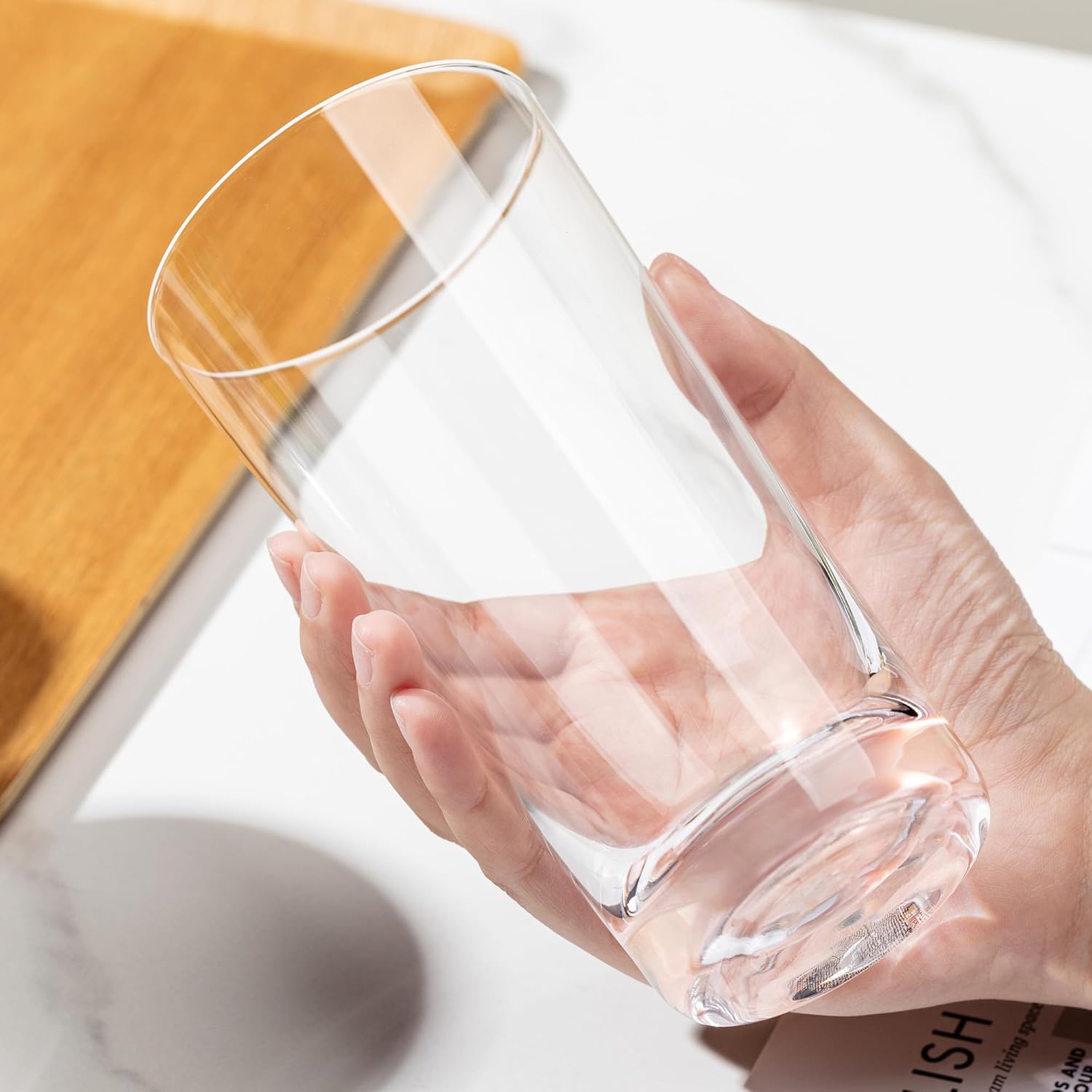 Drinking Glasses Set of 6, 13.5oz Highball Glass Cups with Heavy Base, Water Glasses for Kitchen and Dining, Lead-free Glassware Tumblers for Juice, Iced Coffee, Cocktails, Dishwasher Safe