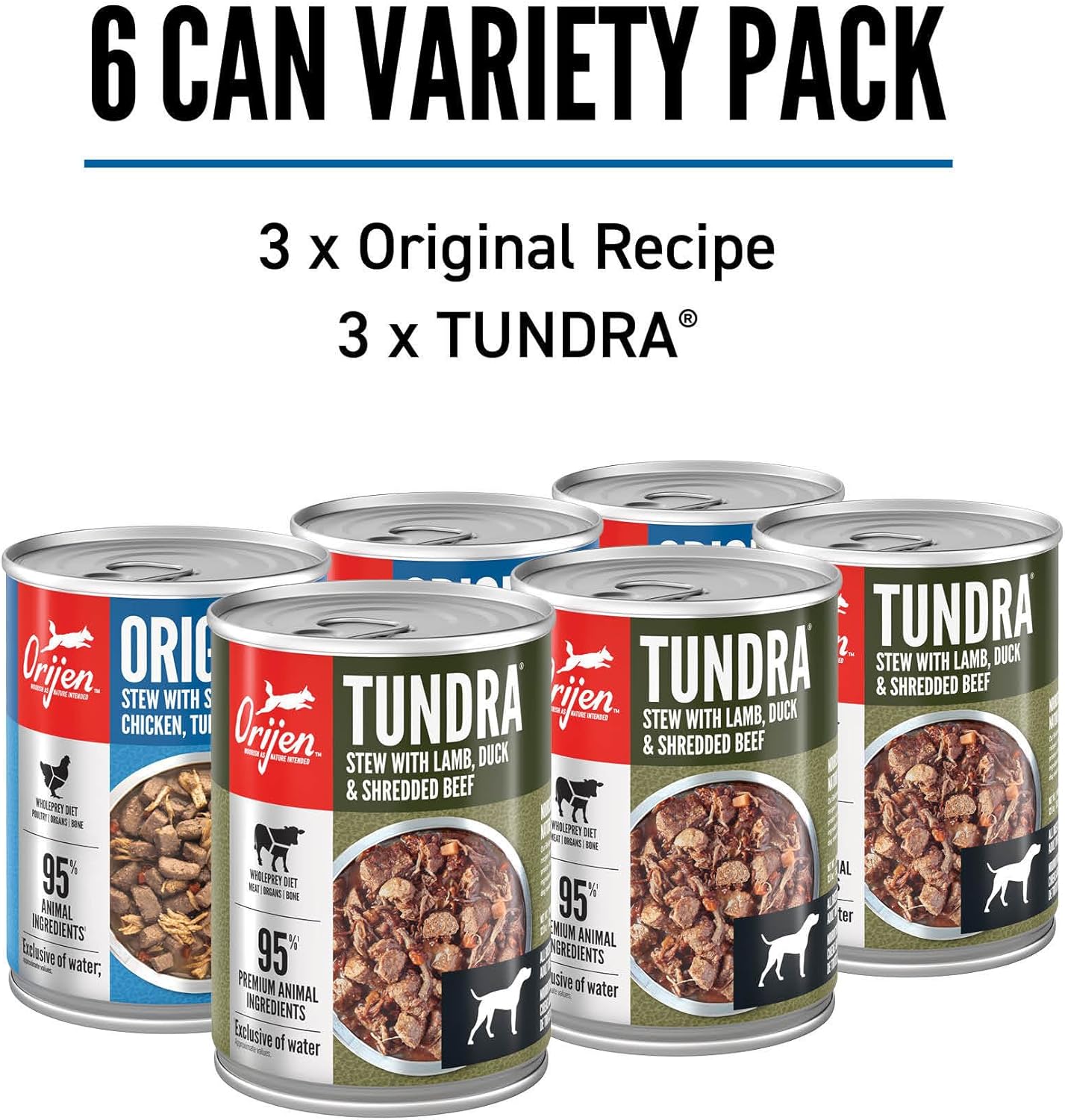 ORIJEN Real Meat Shreds Wet Dog Food Variety Pack: Tundra + Original Recipes 12.8oz Cans (6 Count, 3 of Each)