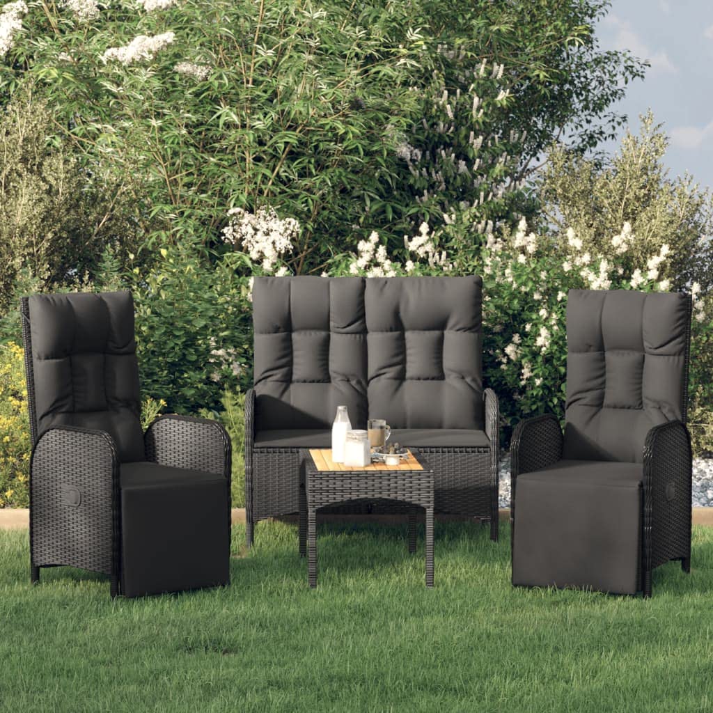 Terrassenmöbel Gartensofa Möbelsets Gartenlounge Set Loungemöbel 4-TLG. Garten-Essgruppe mit Kissen Schwarz Poly Rattan