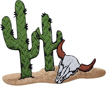 Western Desert Cactus - Steer Cow Skull - Embroidered Iron on Patch
