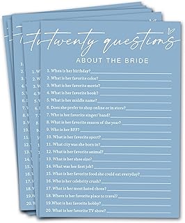 Bridal Shower Games Cards, Twenty Questions About The Bride, Bridal Shower Games 25 Guests, Engagement Party Wedding Games for Guests, Minimalist Blue Wedding Party Supplies - B05