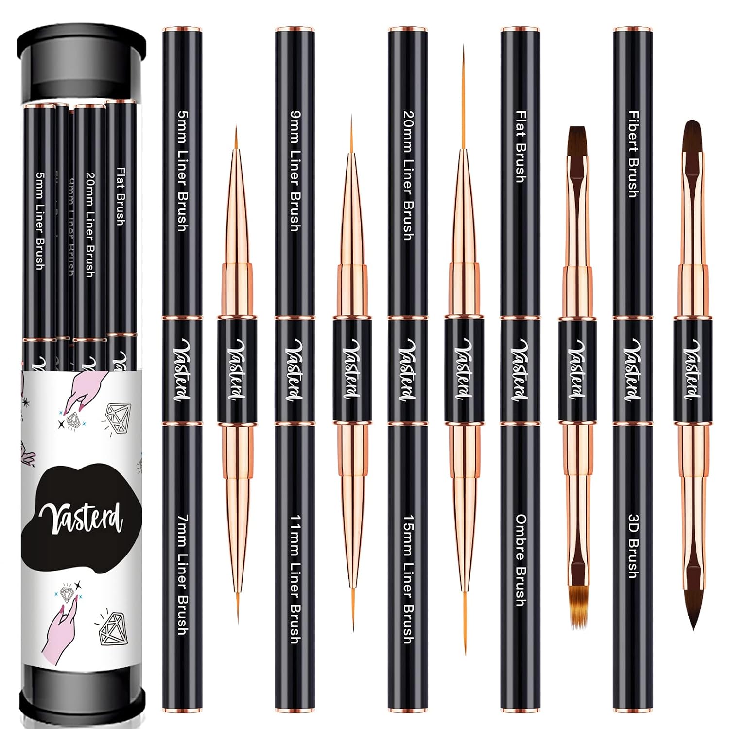 Yasterd Nail Art Brush Set,Professional 5pcs Double-Ended Nail Art Brushes | Long Lines,Thin Liner brush for Nails Detail,Nail Design Brush Ombre Brush 3D Brush Kits for Gel Polish Acrylic Nail Drawing