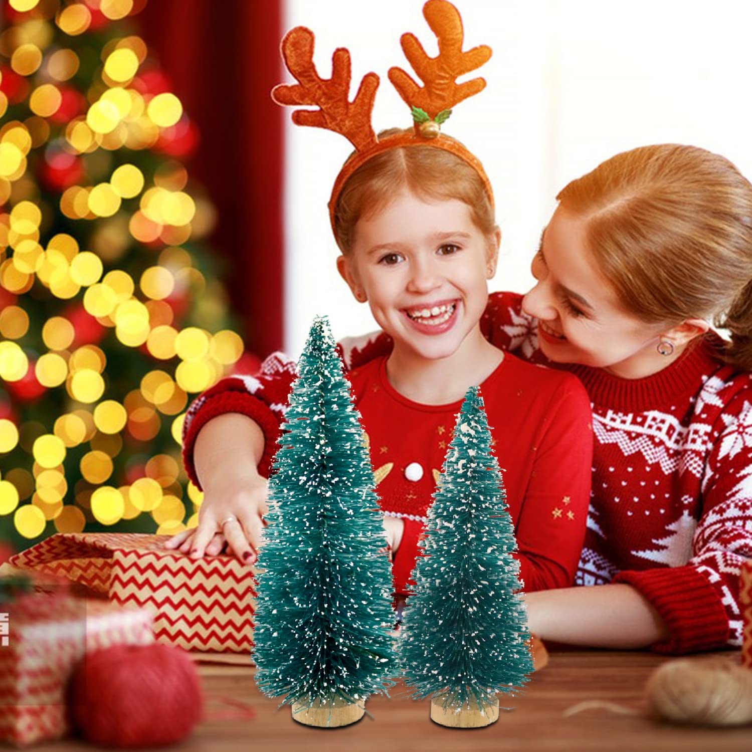 Mini Albero di Natale Artificiale con Base in Legno, Set di 5 Alberi di