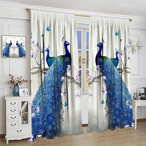 Miniatura 52 de Cortina opaca con estampado de pavo real, con estampado de animales retro, con bolsillo para cortinero y flores de peonía doradas, para dormitorio,