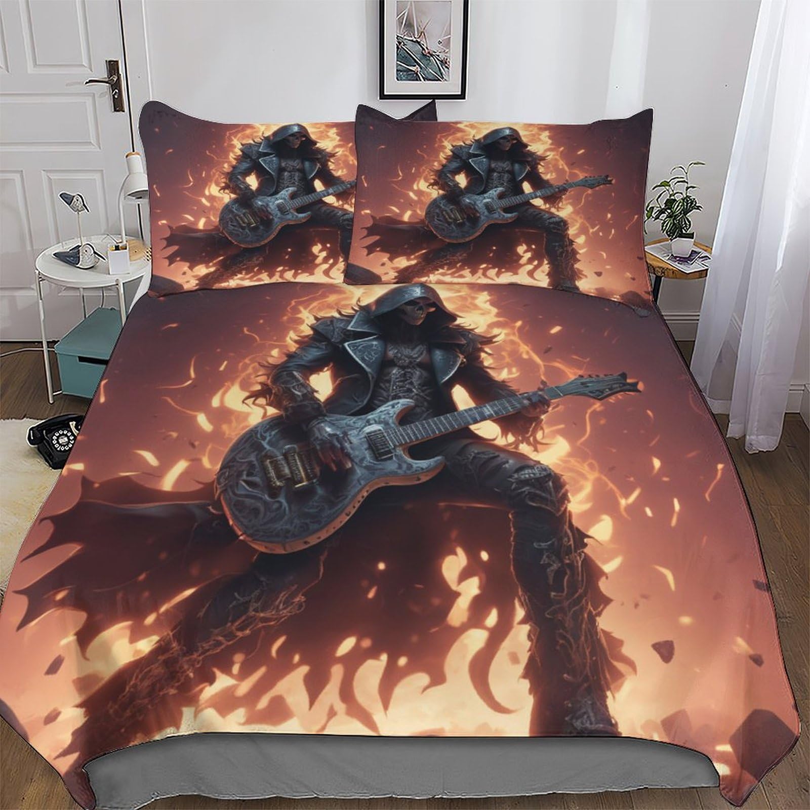 Parure De Lit Guitare Homme Squelette Housse De Couette 3 Pièces Hypoallergique Enfants Adolescents