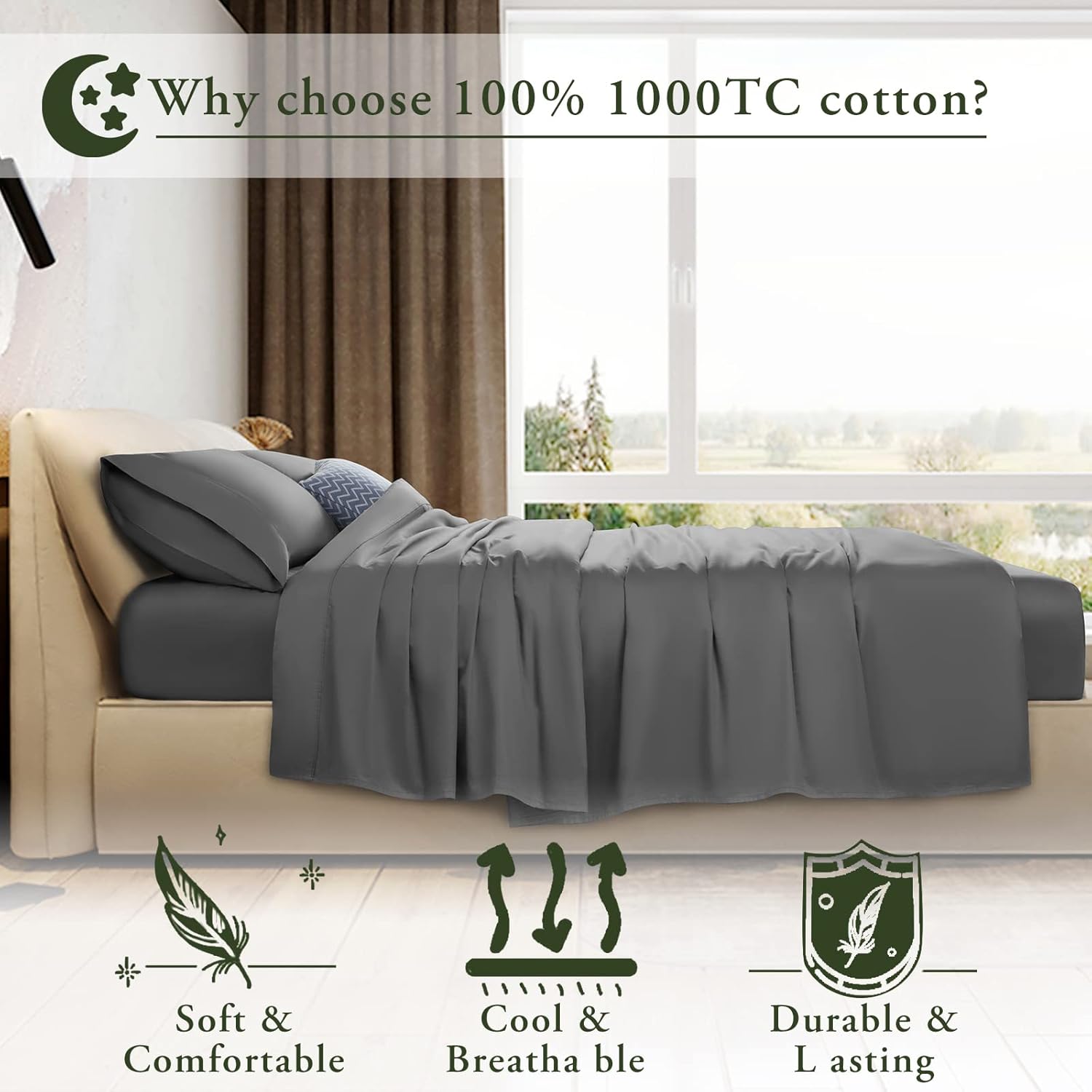 LBRO2M 1000 Thread Count 100% Cotton Full Size Sheets Set,Bed Sheet 4 Piece Sets,16 inches Deep Pocket,Bedding Super Soft Breathable,Sateen Weave Long Staple Comforterble,All Season,Dary Gery