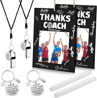 Barydat 8 Pcs Volleyball Coach Gift for Men Wooden Photo Frame with Pen Whistles Coach Appreciation Thank You Birthday Gift Keychain Pens Sport Instructor