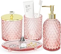 Vista 12 de Jenseits Glass Bathroom Accessory Set 4 Piece - Elegant Blue Diamond Cut Bathroom Set - Lotion Dispenser, Toothbrush Holder, Cotton Swab Jar, Tray
