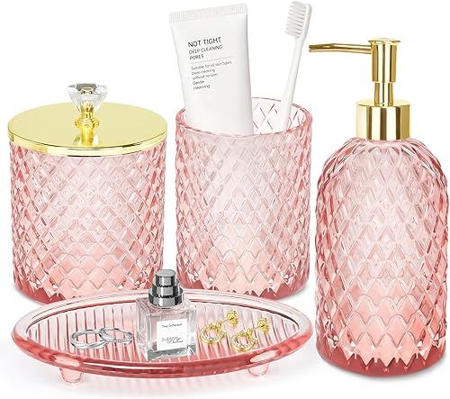 Miniatura 12 de Jenseits Amber Glass Bathroom Accessories Set 4 Pcs - Vintage Diamond Pattern Bathroom Set with Gold Pump - Soap Dispenser, Tray, Toothbrush Holder,
