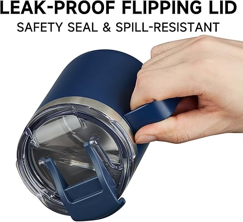 Miniatura 4 de ALOUFEA Taza de café aislada de acero inoxidable de 12 onzas con asa, taza de viaje al vacío de doble pared, vaso con tapa abatible, azul marino y