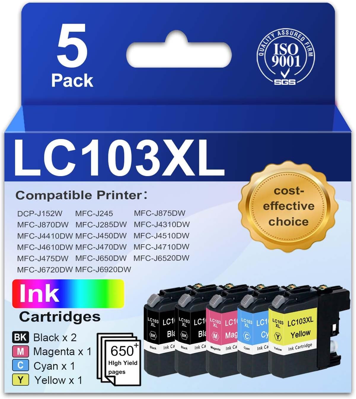 LC103 LC103XL Ink Cartridges Compatible Ink Cartridges Replacement for Brother LC101 LC103 LC103 XL with MFC-J870DW MFC-J6920DW MFC-J6520DW MFC-J450DW MFC-J470DW Printer (5 Pack, BK C M Y)