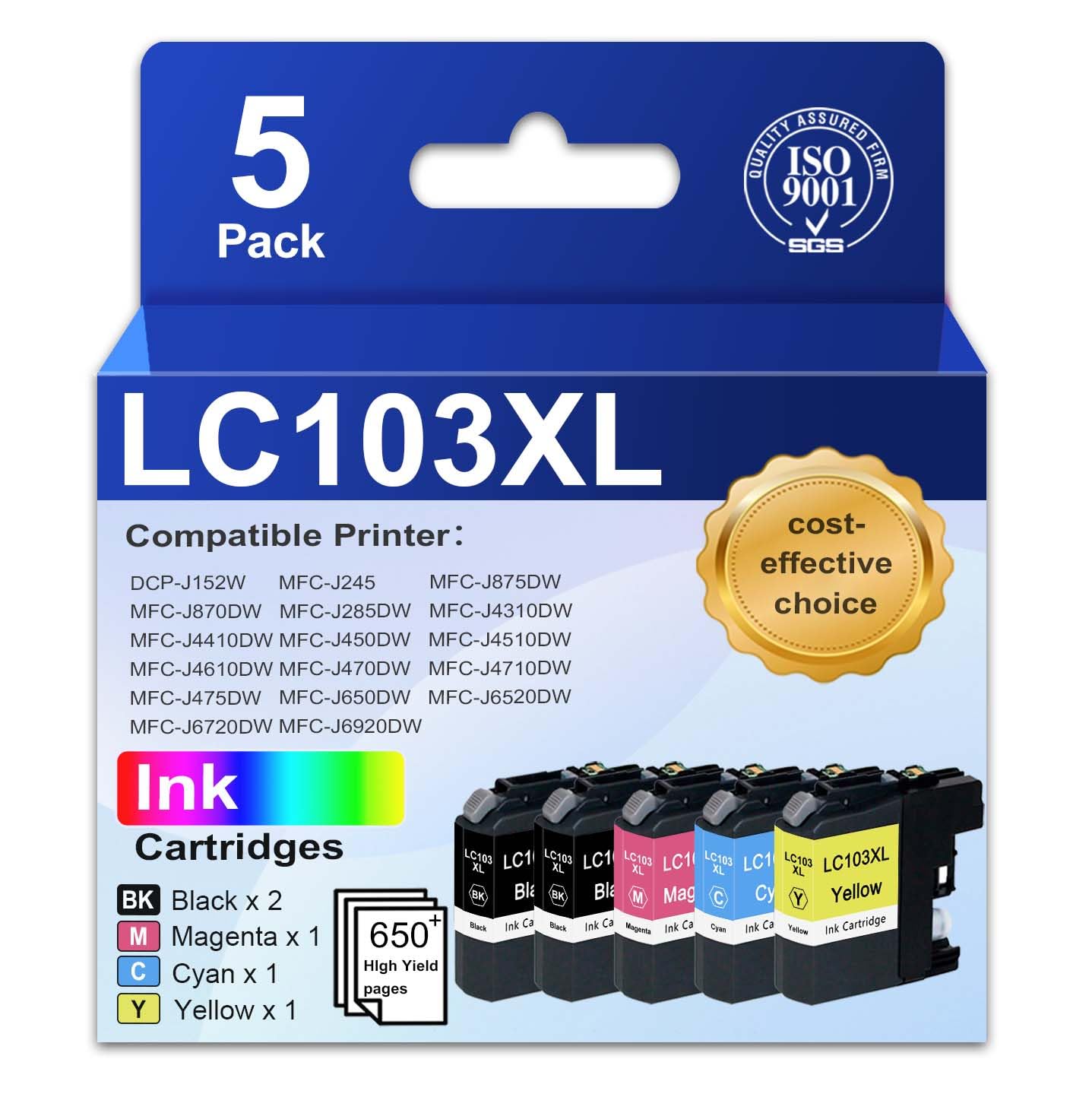 Photo 1 of LC103XL Ink Cartridges Compatible Ink Cartridges Replacement for Brother LC101 LC103 LC103 XL Ink Cartridge with MFC-J870DW MFC-J6920DW MFC-J6520DW MFC-J450DW MFC-J470DW Printer (5 Pack, BK C M Y)