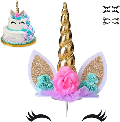 Miniatura 1 de Decoración para tarta de unicornio, hecho a mano, suministros de decoración para tartas con pestañas y pilas, cuerno de oro reutilizable para fiesta