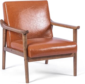 UNICOO PU Leather Mid-Century Modern Accent Chair, Solid Wood Armrest Lounge, Upholstered Mid Century Modern Chair w/Solid Wood Frame, Arm Chair Sofa Chair for Living Room Bedroom U2120-Brown