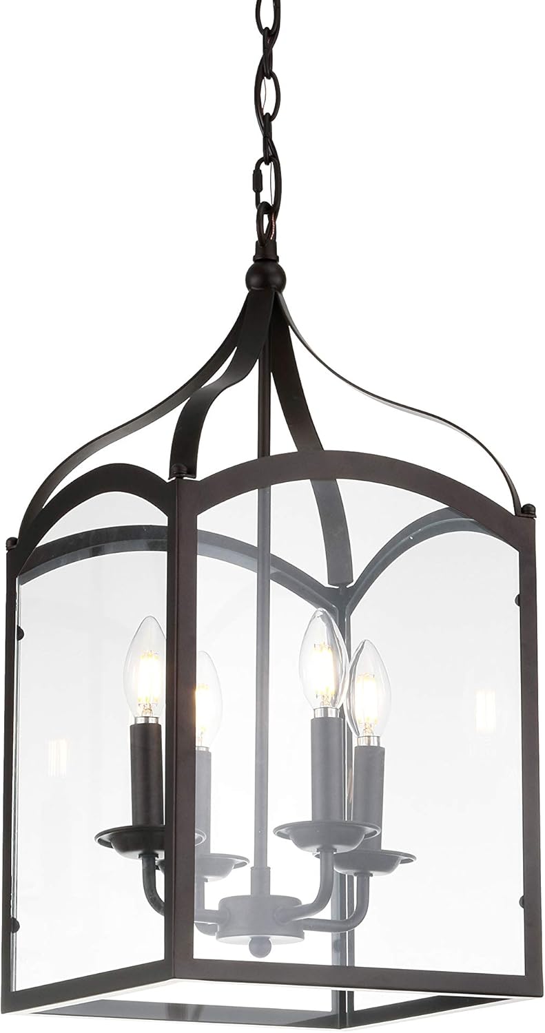 JONATHAN Y 11" Oil Rubbed Bronze 4-Light Traditional Lantern Pendant Light, Metal and Clear Glass Shade, Classic Chandelier for Foyer, Kitchen Island, LED Bulbs Included JYL7403A
