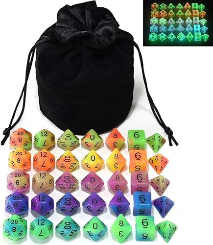 IvyFieldDice Juego de dados de doble color que brillan en la oscuridad, 35 piezas de dados poliédricos para juegos de rol DND MTG, incluye bolsa de