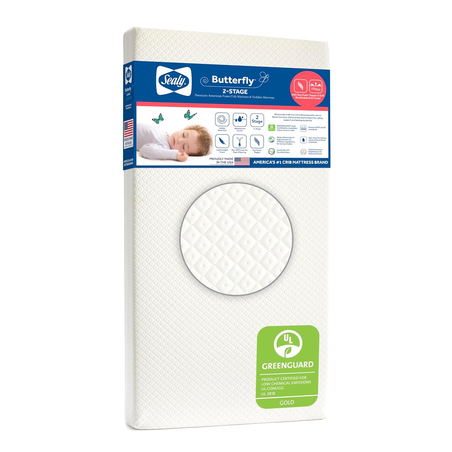 Sealy Baby Butterfly Breathable Knit 2 Stage Waterproof Crib Mattress plus Toddler Bed Fit, Washable Easy Clean Zip Off Cover, GREENGUARD Gold Certified, Safety & Quality Tested, Made in USA, 52"X28"